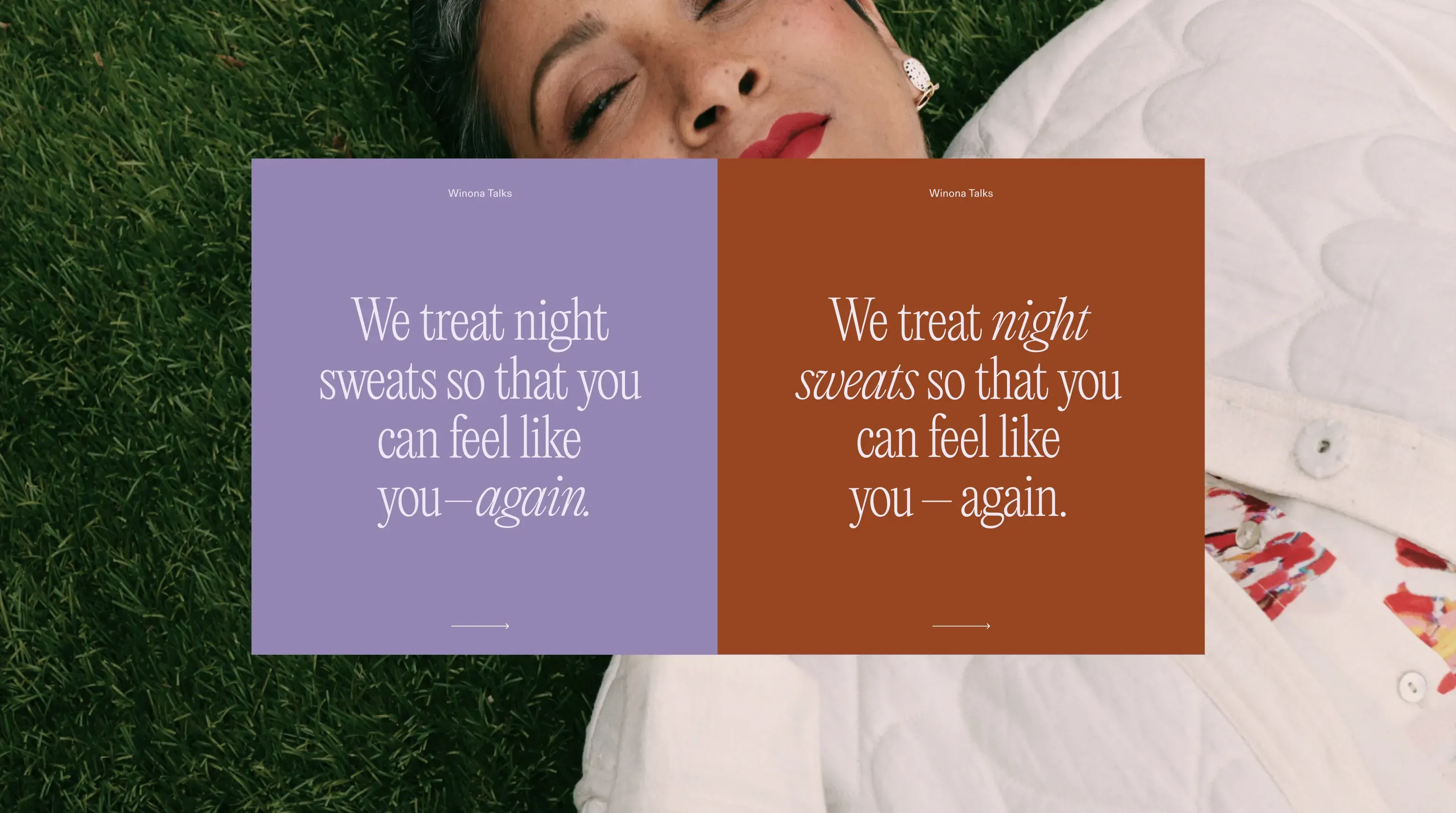 Winona Talks cards about night sweats over a portrait lying on the grass.