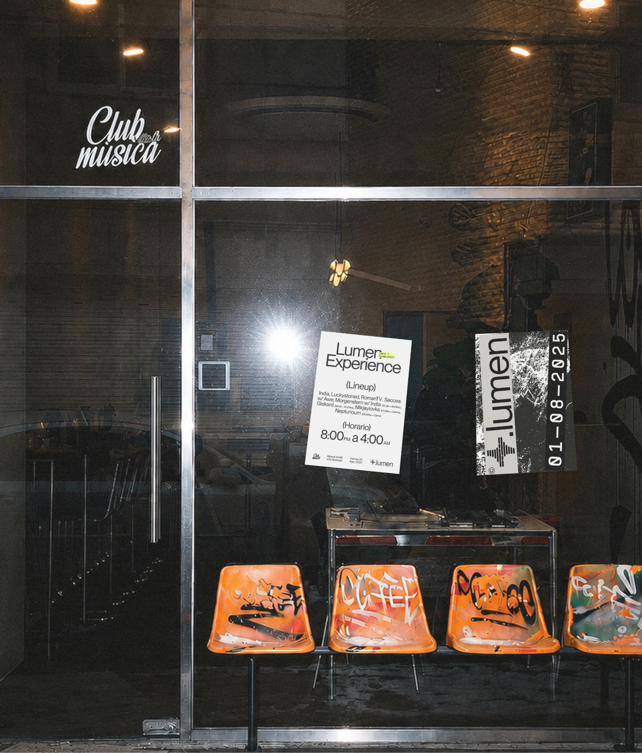 Lumen posters displayed in a venue window.