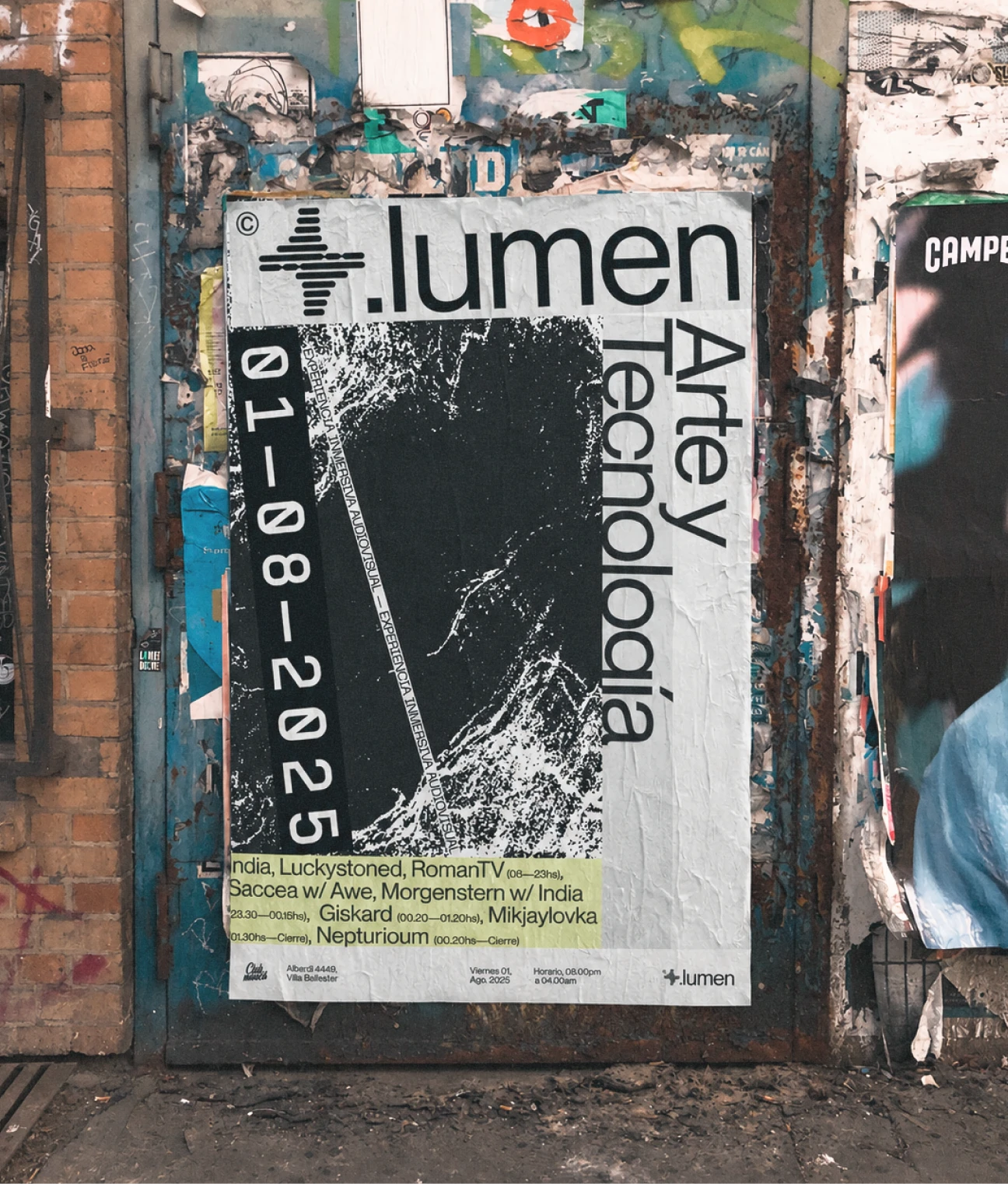 Lumen art and technology event poster on a layered street wall.