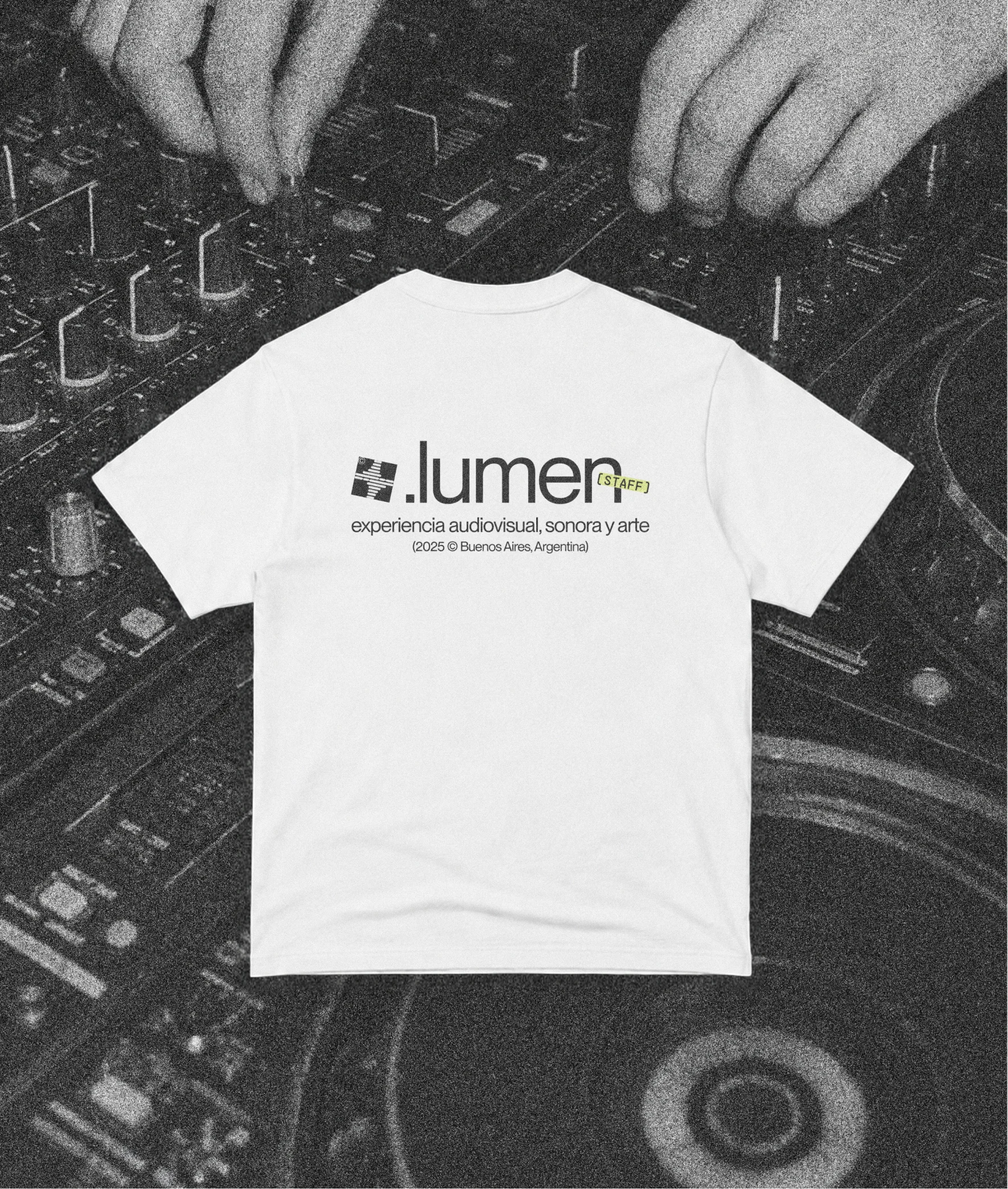 White Lumen T-shirt over turntables.