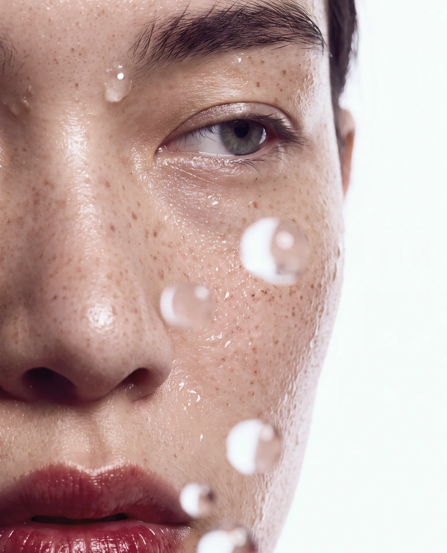 Freckled face with drops of milky liquid on the cheek.