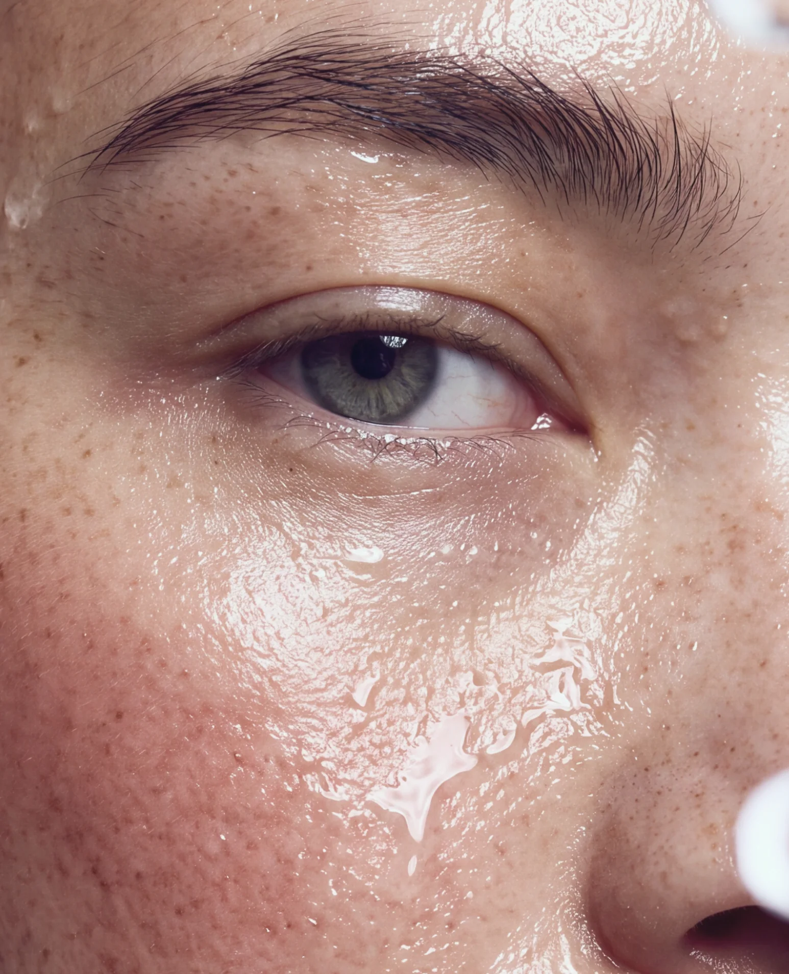 Glossy, wet skin around an eye.