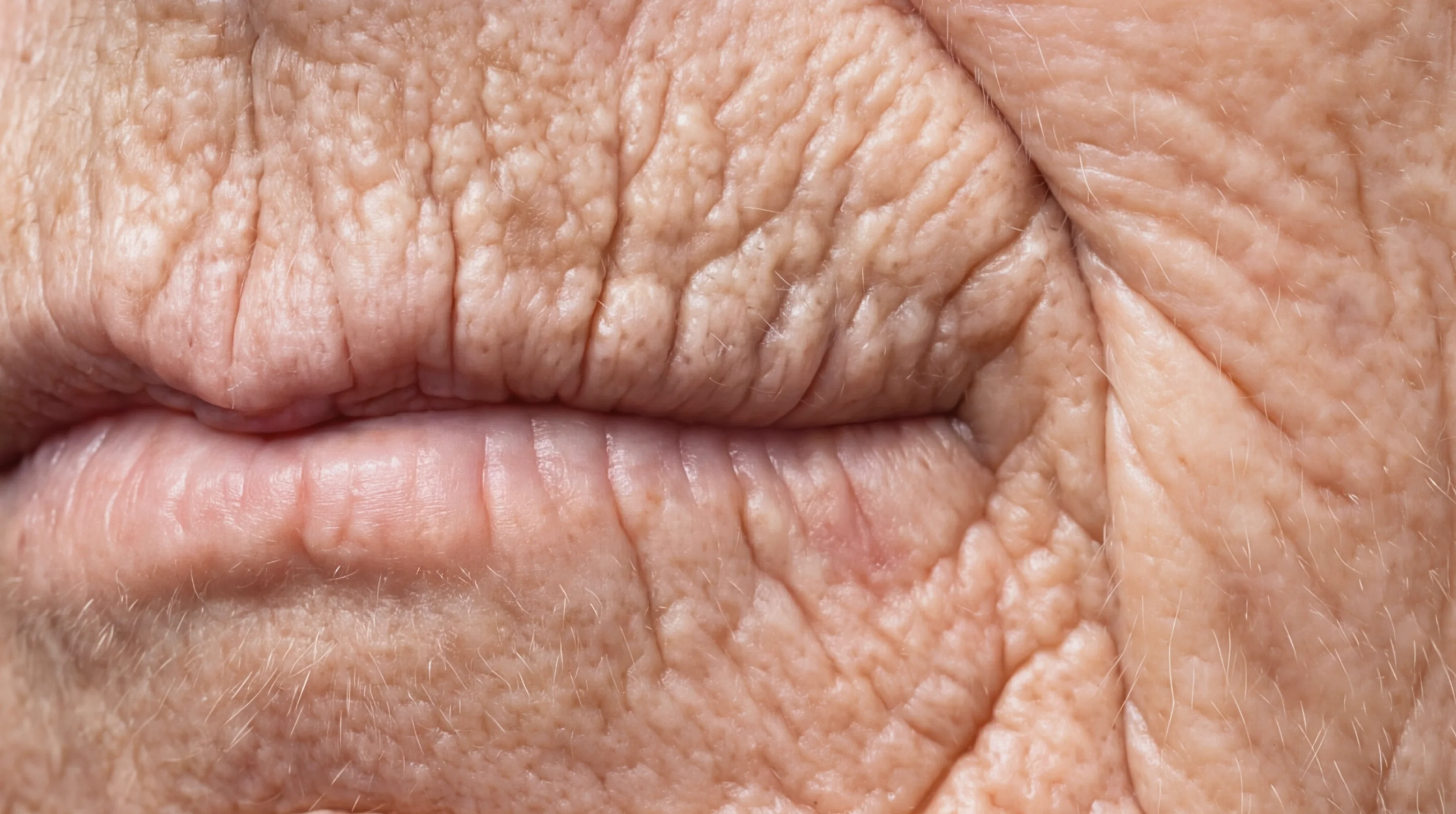 Deeply wrinkled lips and chin in extreme close-up.