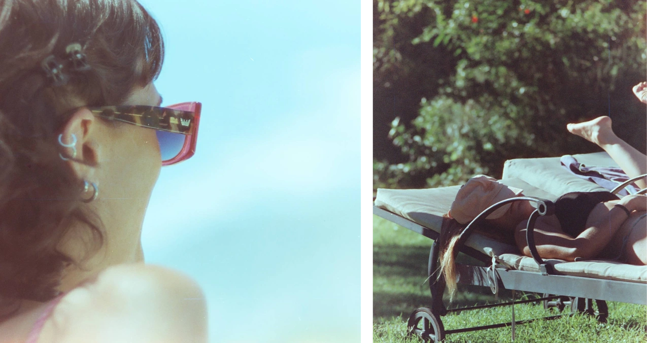 A profile portrait in red sunglasses beside people reclining together outdoors.