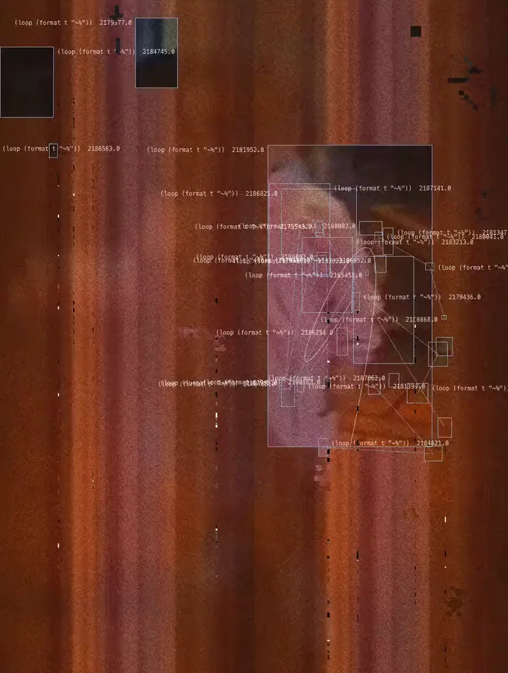 Home videos from 1999 on warm, grainy Super 8, stretched into vertical streaks with outlined tracking boxes where a girl in pink, a smiling girl, a grandmother and a laughing man show through, breaking into horizontal slices.