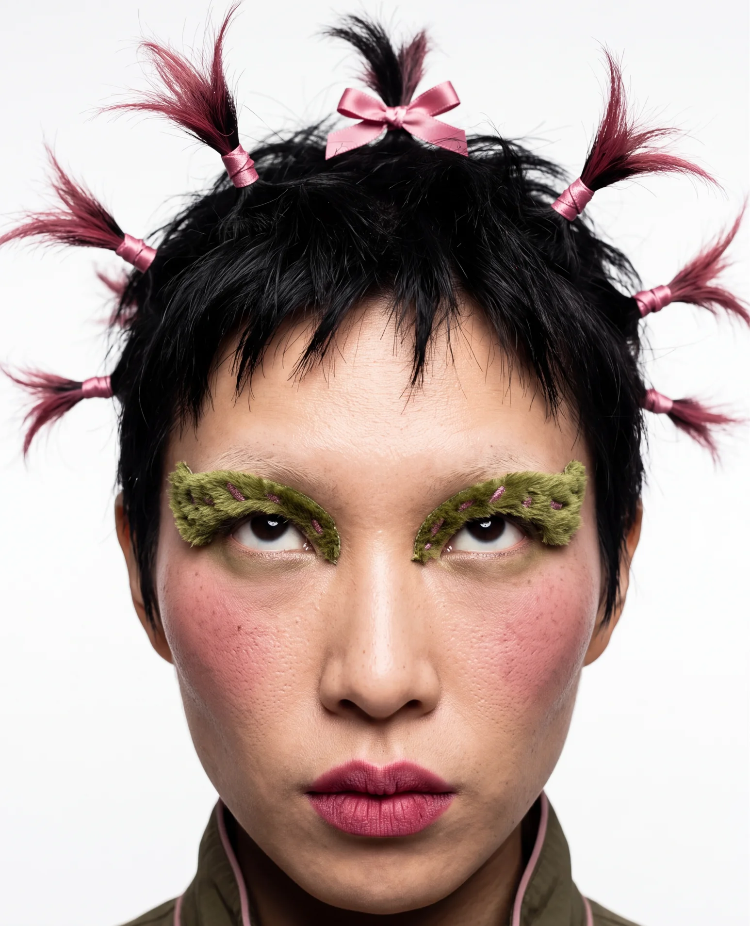 Moss-green brows, flushed cheeks and spiky tufts tied with pink ribbon.