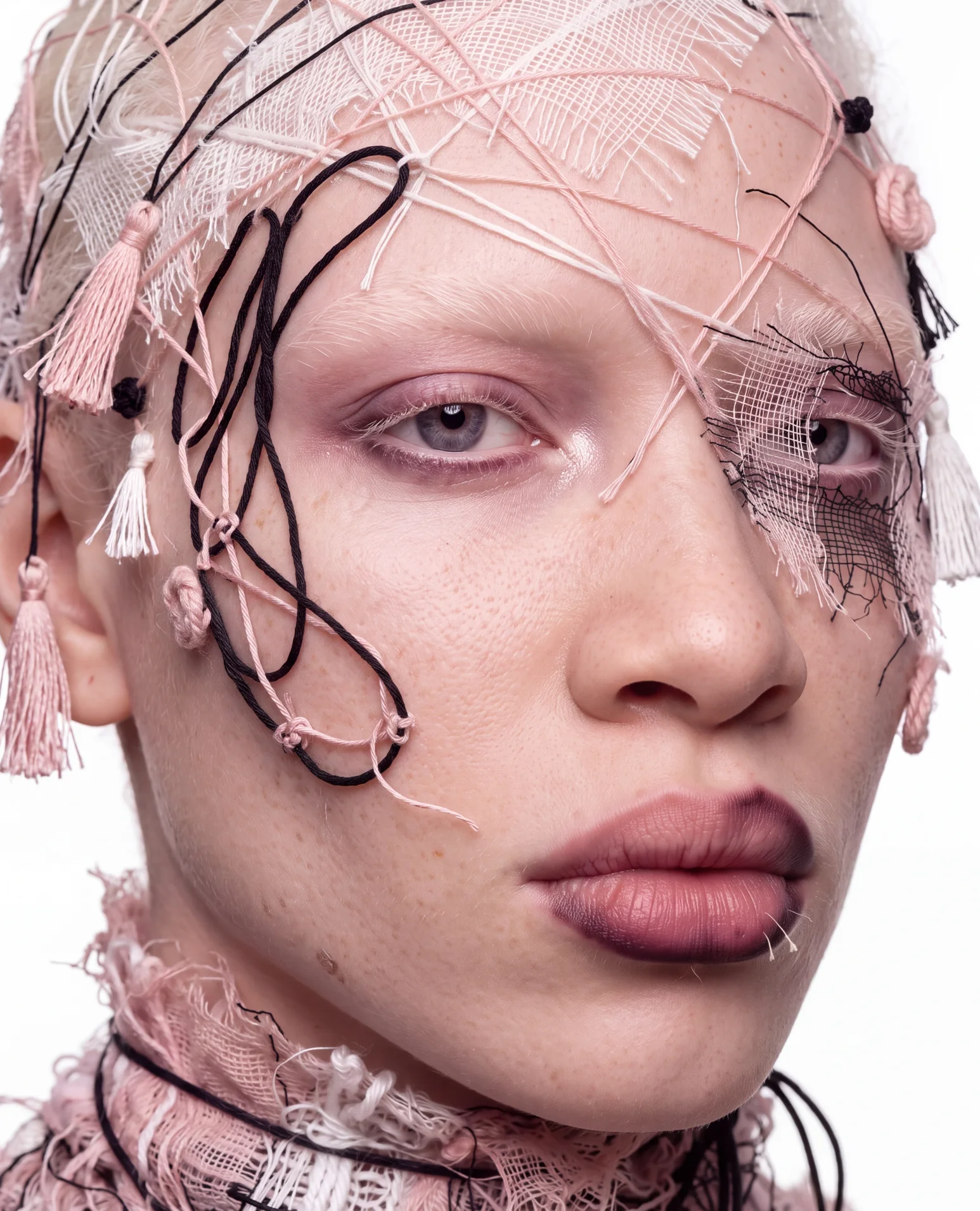Face laced with pink cords, tassels and a mesh patch over one eye.