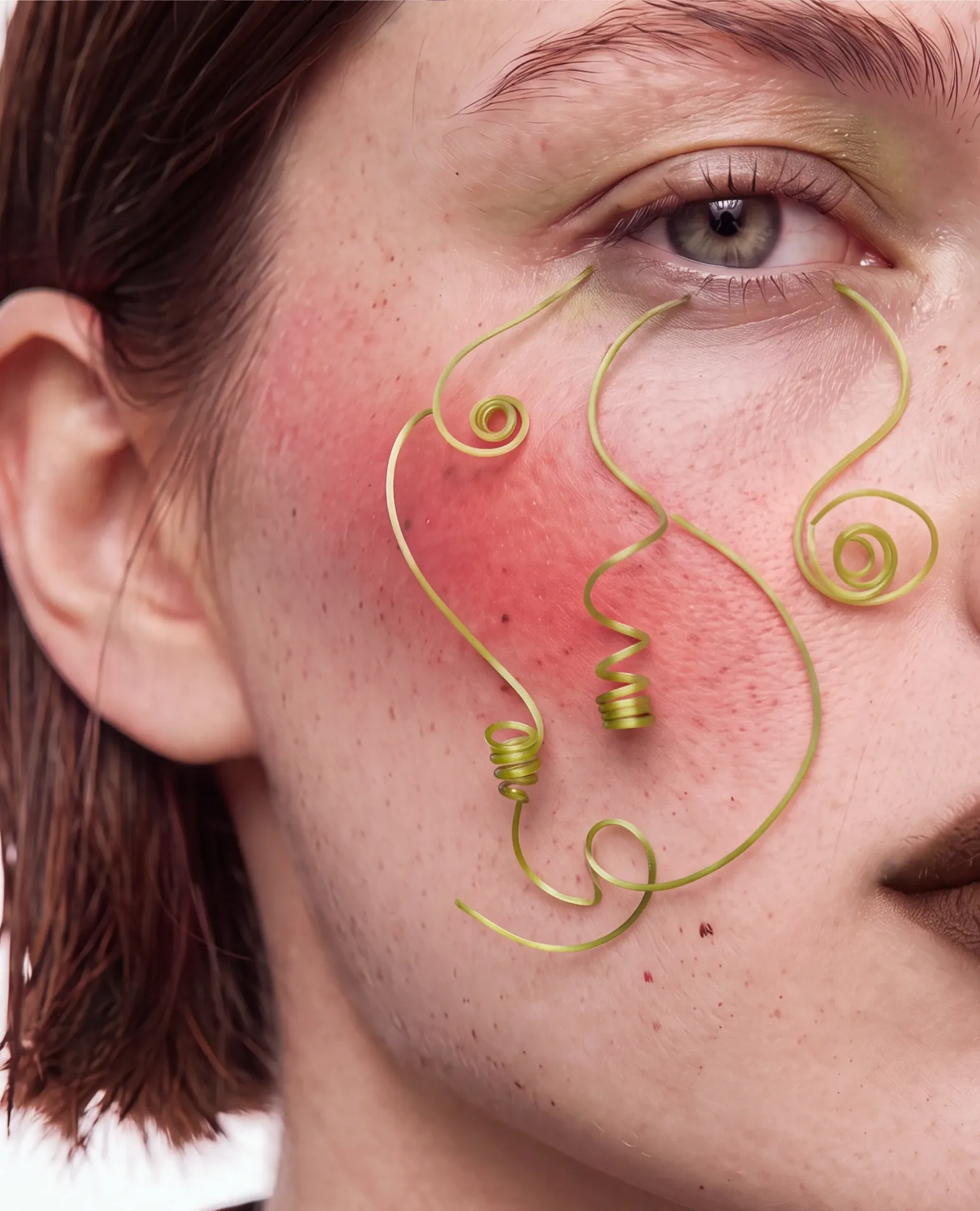 Flushed cheek traced with curling gold wire.