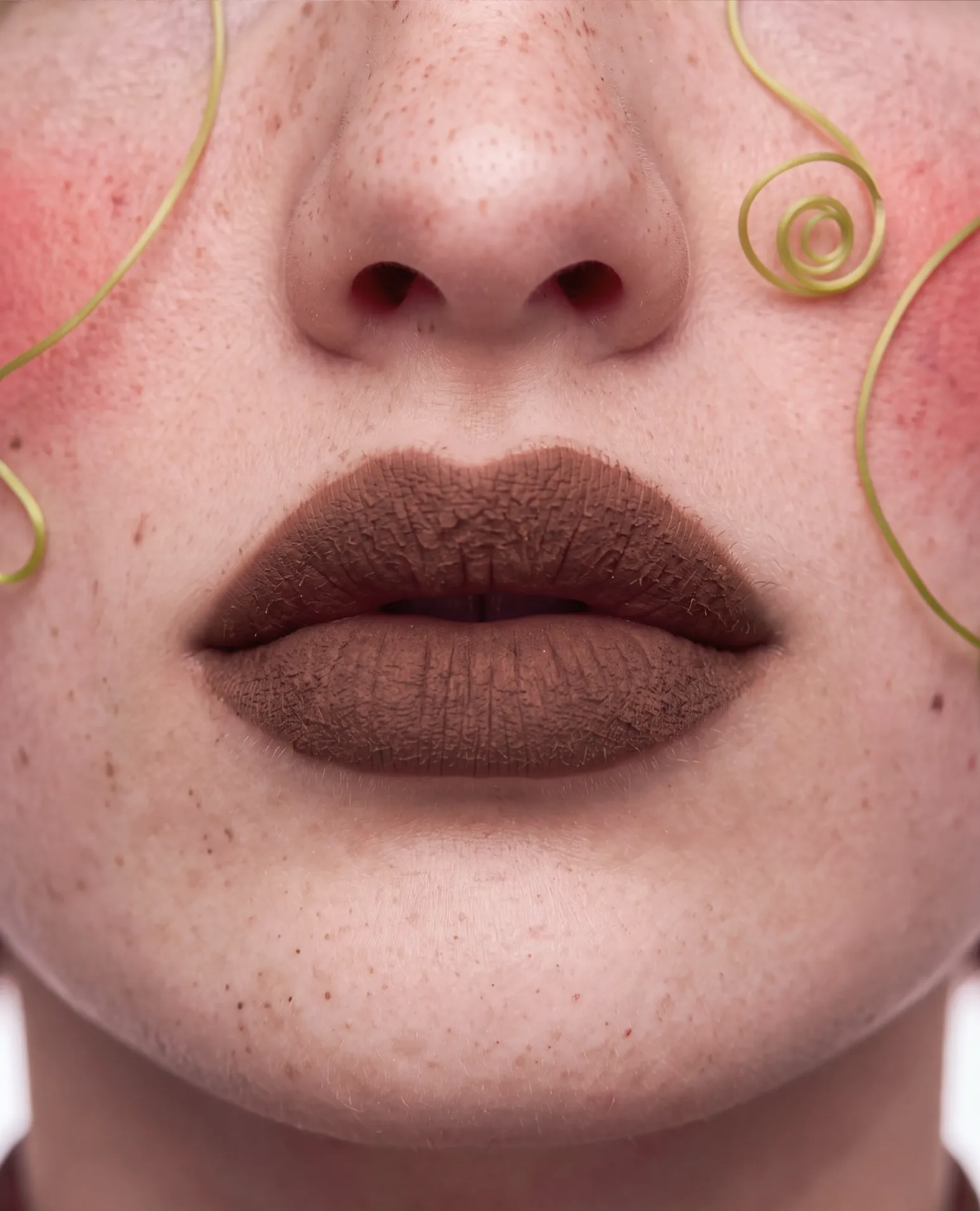 Close-up of matte brown lips and freckles under curls of gold wire.