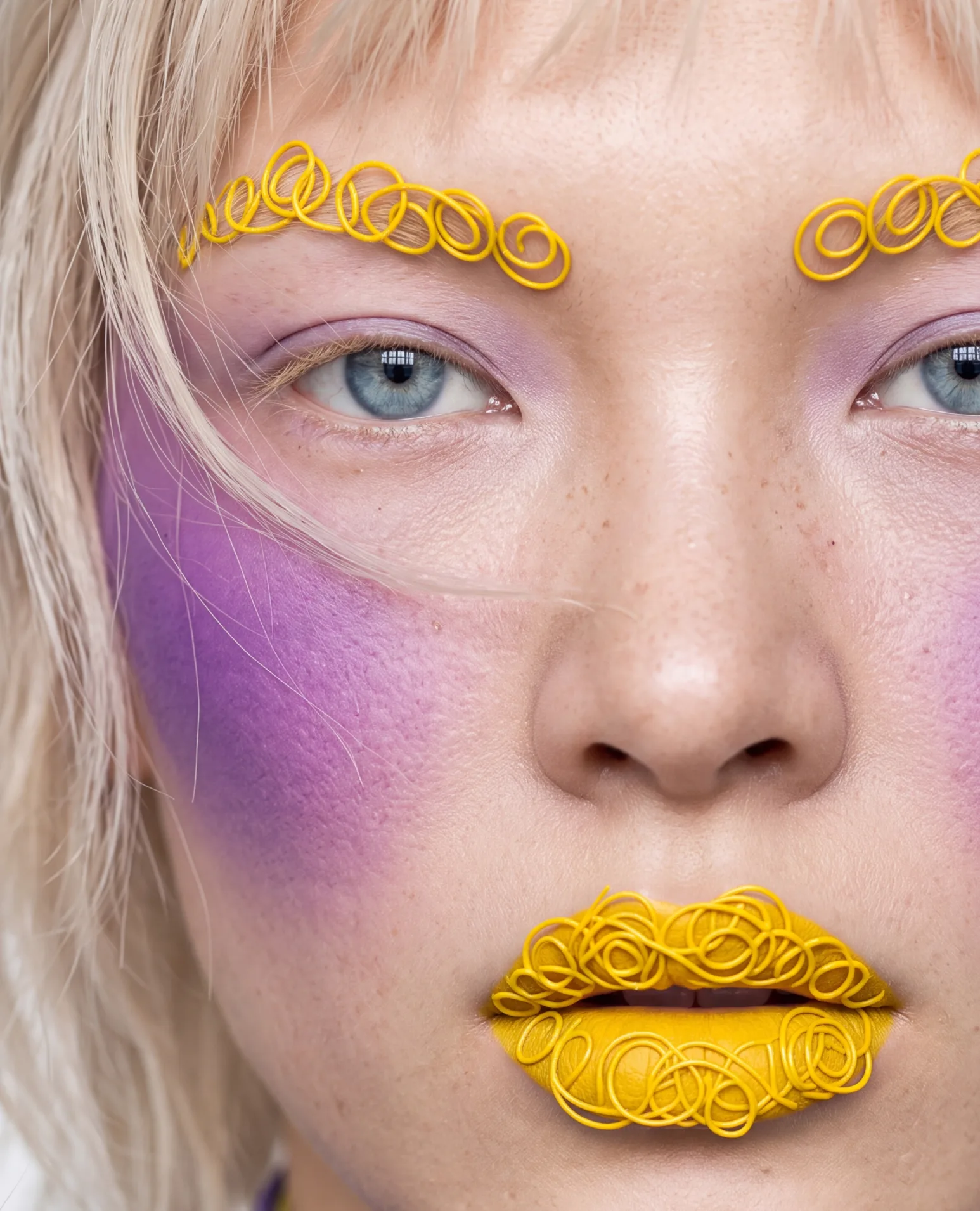 Yellow coiled brows and lips with a wash of violet blush.