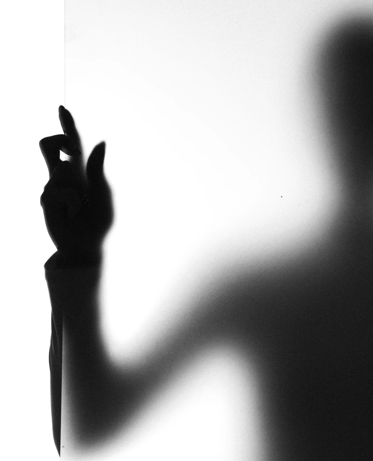 A hand against a blurred silhouette on a white wall.